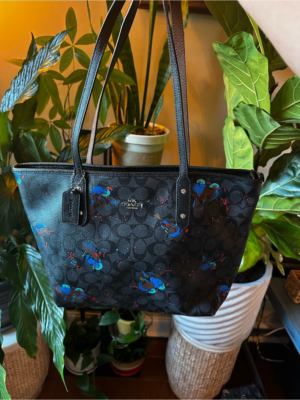 Authentic Coach Black Signature Tote with Blue Accent Floral Print